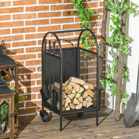 Range-bûches porte bûches sur roulettes avec accessoires pelle balai et tisonnier 37,5 x 37,5 x 80 cm noir (1/5)