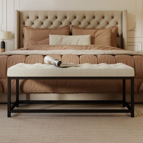 Panca imbottita in velluto ai piedi del letto con design capitonné e base in metallo per camera da letto, corridoio, soggiorno, color crema