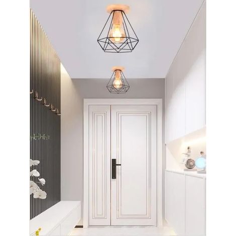 U-do Lot de 2 Plafonnier Industriel Cage Diamant Noir Lampe Plafonnier Luminaire Intérieur Vintage en Bois Métal pour Salon Chambre (1/4)