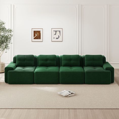 Sofá modular verde en pana con asiento profundo, base antideslizante y sin montaje (1/5)
