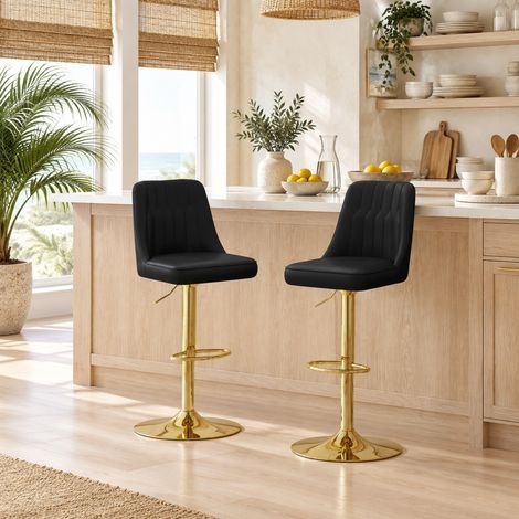 Set 2 sgabelli da bar regolabili girevoli 360° in PU nero e metallo oro (1/5)