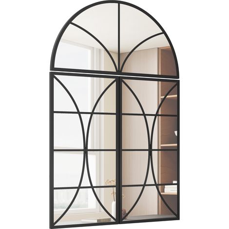 Miroir mural arqué 80 x 120 cm, lot de 3 pièces, miroir verrière en forme de fenêtre, verre trempé et métal, noir