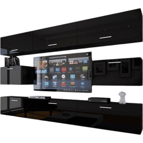 Set di mobili da soggiorno neri sospesi collezione CEPTO VII 249cm, 8 porte