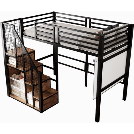 Lit mezzanine avec échelle de sécurité 90 x 200, lit pour enfant avec cadre en fer et tablette, lit d’adolescent, lit simple, noir
