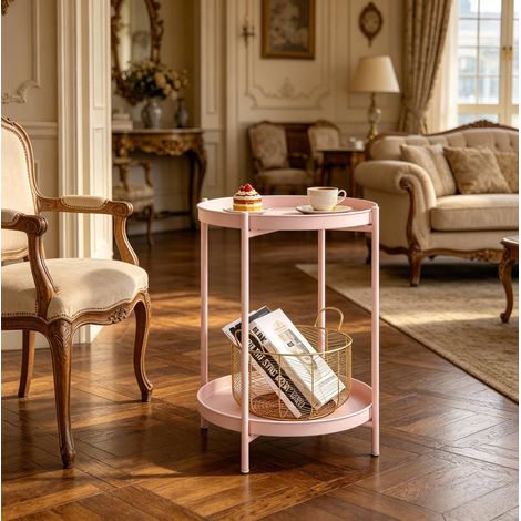 Table d’appoint ronde 44x44x53 cm rose en métal avec rangement et plateaux amovibles (1/5)