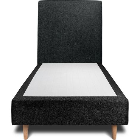 Lit 90x190cm avec tête de lit tapissier bouclette et sommier tapissier Noir - Hauteur totale : 35cm (1/4)