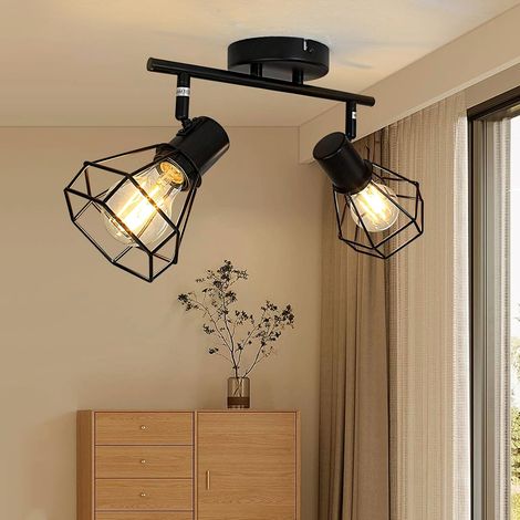 Plafonnier LED Noir E27 2 Spots Lampe de Plafond Vintage Pivotante pour Salon, Wandleuchte Intérieure pour Cuisine, Chambre à Coucher, Max. 60W (Sans Ampoule) (1/2)