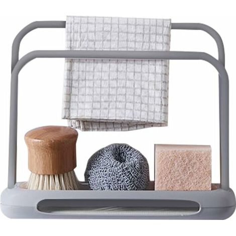 Organiseur d'évier de cuisine télescopique, support pour chiffons, double couche, réglable, porte-savon, égouttoir à éponge en acier (gris) (1/4)