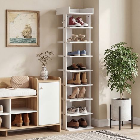 HOMCOM Étagère à Chaussures à 9 Niveaux - Jusqu'à 9 Paires, Plateau Supérieur & 2 Crochets, 30x30x128,4cm, Blanc