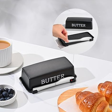 Beurrier en plastique alimentaire avec couvercle et couteau, compatible lave-vaisselle, pour plan de travail (noir) (1/5)