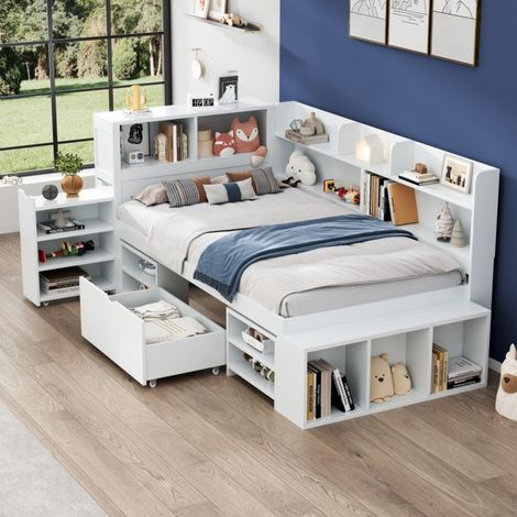 Cama infantil individual 90x200 cm de madera blanca con almacenamiento FloraGrace (1/5)