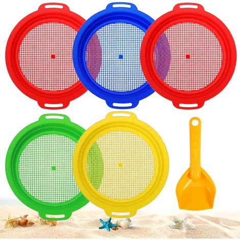 Lot de 5 tamis à sable de plage pour enfants avec 1 pelle, en plastique, tamis à sable de plage pour enfants, passoire à sable pour arrière-cour, bacs à sable (1/5)