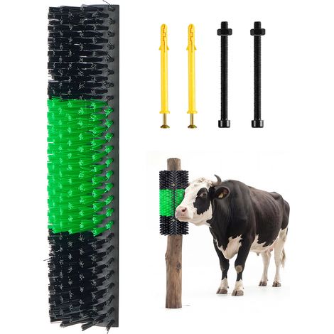Mophorn Cepillo rascador para ganado, paquete de 1 unidad, ideal para caballos, vacas y ovejas, 430 x 190 mm, incluye tornillos de instalación, cepillo para uso en granjas y campos, verde y negro (1/5)