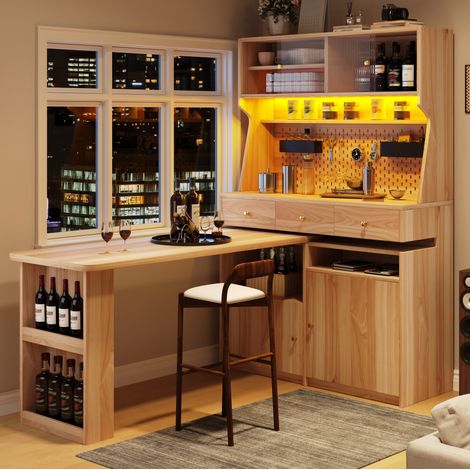 Credenza da cucina alta con scrivania integrata, 137x74x177,7 cm, vano contenitore con illuminazione LED USB, ante in vetro, MDF naturale (1/5)