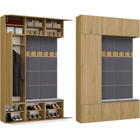 Set modulare da ingresso, armadio con due pannelli appendiabiti e panche, Rovere Artisan, 150 x 35 x 238 cm (1/5)