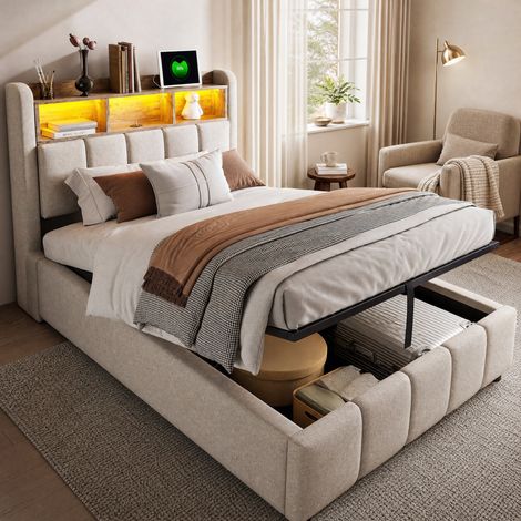 Polsterbett 90x200 cm beige aus Leinen mit LED-Beleuchtung, USB-C, Stauraum und Hydraulik (1/5)
