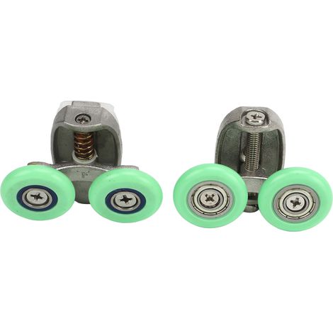 Lot de 2 poulies vertes à roulettes pour rail de porte coulissante en verre (haut et bas) dans une salle de bain ou une douche.