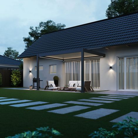 Pergola Bioclimatique Ombréa motorisée 3x4M adossée – Anthracite et blanc (1/5)