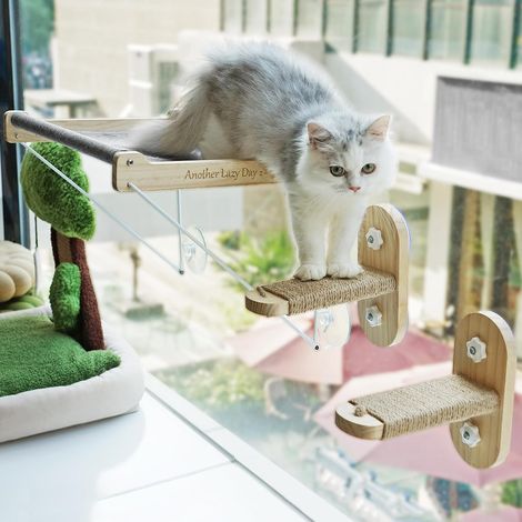 Lot de 2 - Perchoir pour chat - Étagère de fenêtre - Pliable avec hamac - Observation oiseaux et sieste - Gris - 40x30cm (1/5)