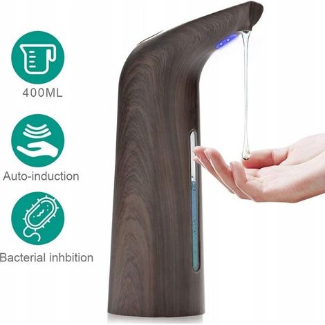 Distributore di sapone a induzione, distributore di sapone automatico, impermeabile, senza contatto, a infrarossi, per bagno e cucina, venature del legno intenso, 400 ml (1/4)