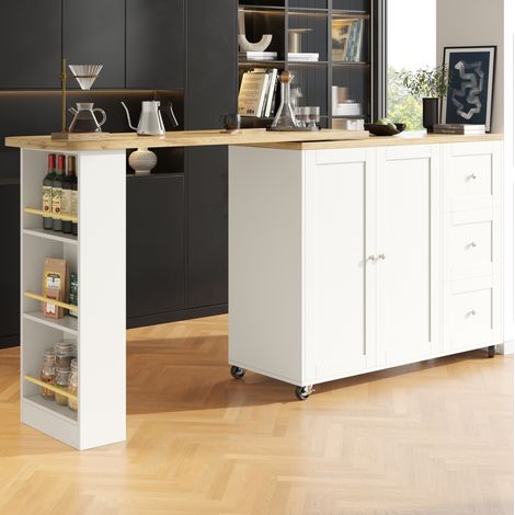 Table bar rotative 135x39x106 cm blanc en MDF avec roulettes, 3 tiroirs et rangement snack (1/5)