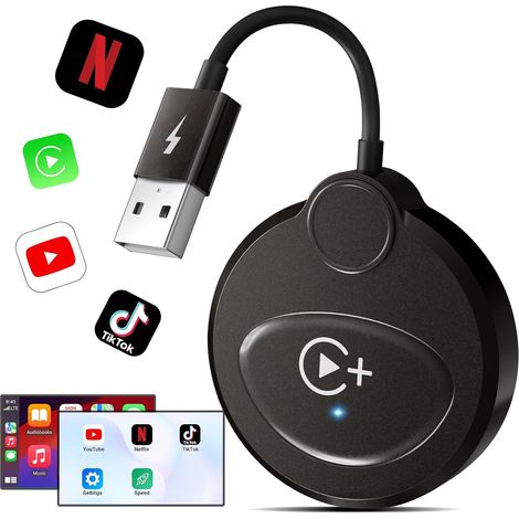 CarPlay inalámbrico con YouTube, Netflix y TikTok para iPhone, adaptador inalámbrico CarPlay para CarPlay con cable de fábrica, conexión automática para vehículos posteriores a 2016, compatible con iP (1/5)
