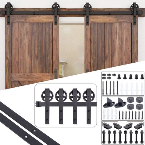 Stoex – Kit de rail de porte coulissante 352cm – Roulettes rondes pour portes en bois – Charge max 110kg – Accessoires inclus