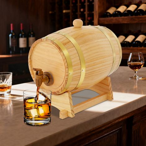 YISSALE – Tonneau à vin en bois de 3 litres avec support et robinet pour whisky, vin, spiritueux, spiritueux, 16 x 23,5 cm, naturel (1/5)