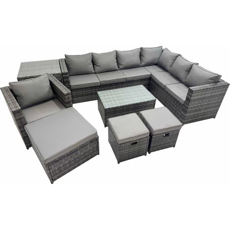 Fimous Patio Sofa Oblong Coffee Table Set Rattan Garden Furniture Set with 3 Stools Chair Side Table Dark Grey Mixed (1/5)