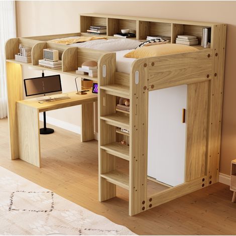 Cama alta 90x200 cm madera natural en MDF y tablero de partículas con escritorio, armario, LED y enchufe (1/5)