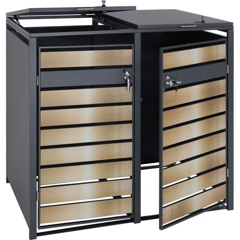 2er Mülltonnenverkleidung HHG-352, Mülltonnenbox, erweiterbar, Metall 50kg, anthrazit gold