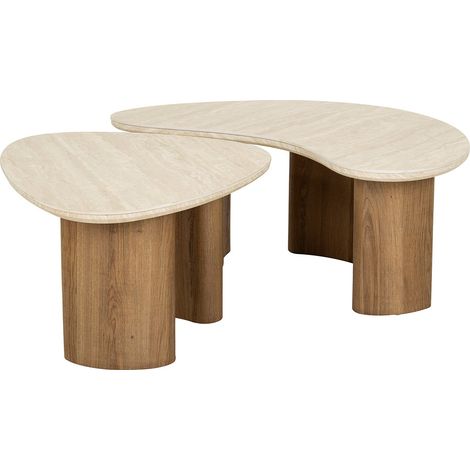 Lisa Design – Lot de 2 tables basses gigognes effet travertin et bois – Dimensions 88 cm et 65 cm – Résistantes à l’humidité et aux rayures (1/5)