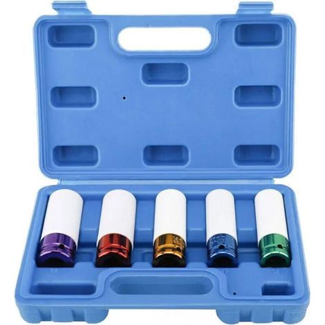 Jeu de 5 Douilles à Chocs pour Les Jantes Drive Métrique Extra à Paroi Mince de Roue, Taille 15, 17, 19, 21, 22 mm