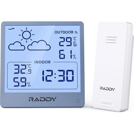 Station Météo Sans Fil Thermomètre Hygromètre Intérieur Extérieur, Moniteur Température Humidité sur Piles, Écran TN 5,0'', Prévisions Météo, Capteur à Distance (Bleu) (1/5)