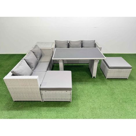 Fimous Rattan Garden Furniture Dining Set 8-seater Patio Rectangular Table Sofa Set with Side Table 2 Big Stools Light Grey (1/5)