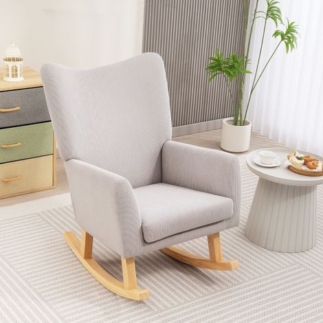 Fauteuil à bascule au design rétro,housse en velours côtelé,caoutchouc,remplissage en mousse,dossier haut,fauteuil rembourré,gris clair (1/5)