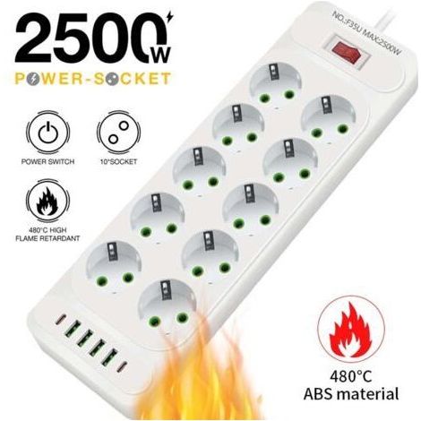 Multiprise USB 10 Prises avec 4 Ports USB Chargeur de Voyage (5V3.1A) 1 USB C,Multiprises Electrique 2500W 10A avec Cable 2m,Maison, Bureau-Blanc