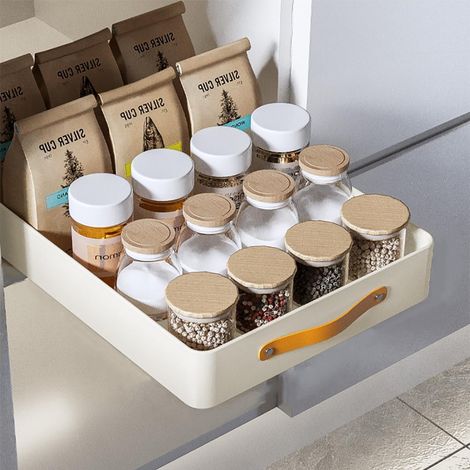 Organiseur de tiroir extensible pour armoires de cuisine Étagère à roulettes robuste Tiroir coulissant autocollant sans perçage Acier inoxydable Blanc 39 x 48 cm Boîte de (1/5)