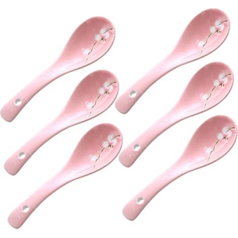6 pièces Cuillères Céramique Style Japonais Ergonomiques pour Riz Soupe Porridge Cuisine Maison Vaisselle Rose (1/5)