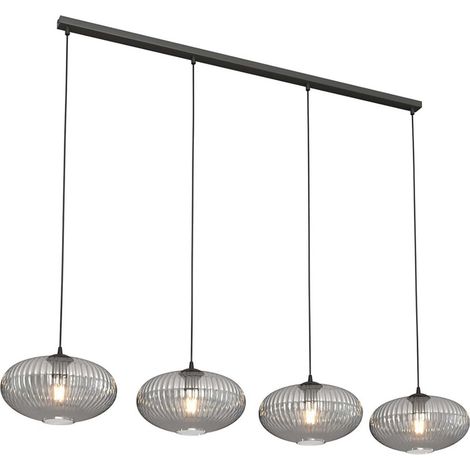 Lampadario 4 Luci Coco In Acciaio Nero Paralume Plissettato Fumè (1/5)