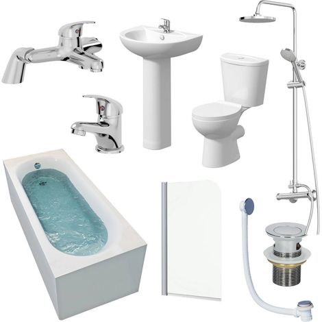 Bathroom Suite 1700mm Single Ended Bath Toilet Basin Pedestal Taps Shower Waste (1/5)