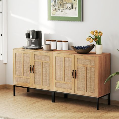 Meuble de Rangement en Rotin Meuble D'appoint Bohème à Motif Asymétrique Buffet à 2 Portes avec Étagère Réglable à 3 Positions Naturel (1/3)