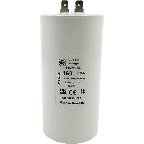 Ducati Energia – Condensateur permanent 160µF à cosses Faston double – Fond plat – Ø60x120mm – Homologué VDE EN60252-1