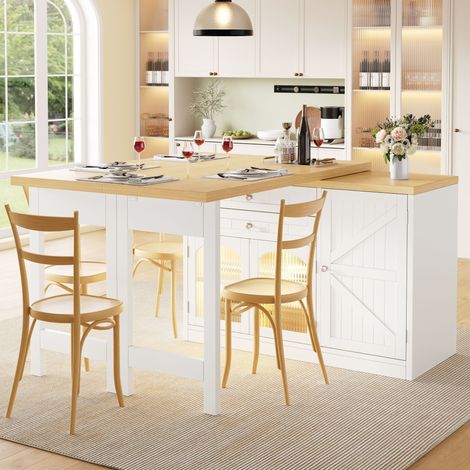Isla de cocina extensible 120x40x73.5 cm, tablero giratorio 360°, almacenamiento multi-compartimentos, MDF y metal, blanco (1/5)