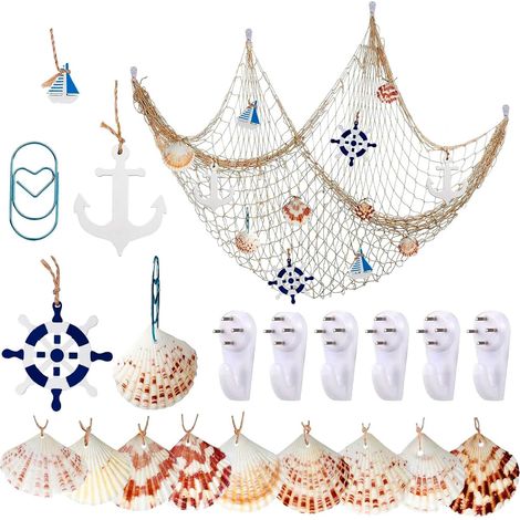 Filet Peche Decoratif,Filet de Pêche Décoratif avec Coquilles,Voilier en Bois,Roue de Bateau,Ancre en Bois,Non-Trace Crochets,1.5M x 2M pour Décoration Maritime Décoration Murale (1/5)