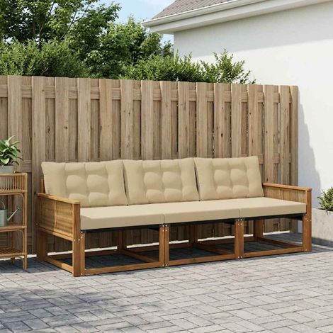 Ensemble de canapés d’extérieur modulaires 3 pièces en bois d’acacia massif et textilène naturel et beige pour jardin et terrasse (1/5)