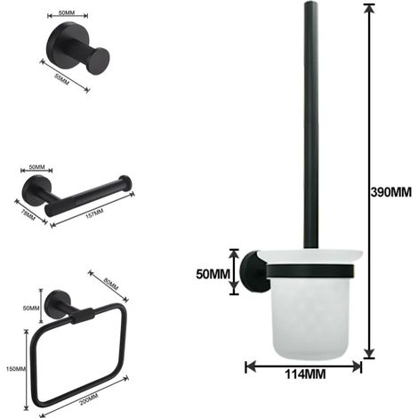 (Ensemble de 4 pièces B) Ensemble de salle de bain élégant noir mat à fixer au mur : porte-essuie-tout mural, crochet pour peignoir, double porte-gobelet et double distributeur de savon. (1/5)