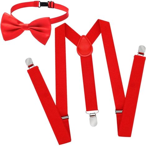 Bretelle larghe da uomo con papillon rosso, larghe 2,5 cm con 3 clip in metallo molto resistenti, bretelle regolabili con papillon per uomo, taglia unica (rosso) (1/5)