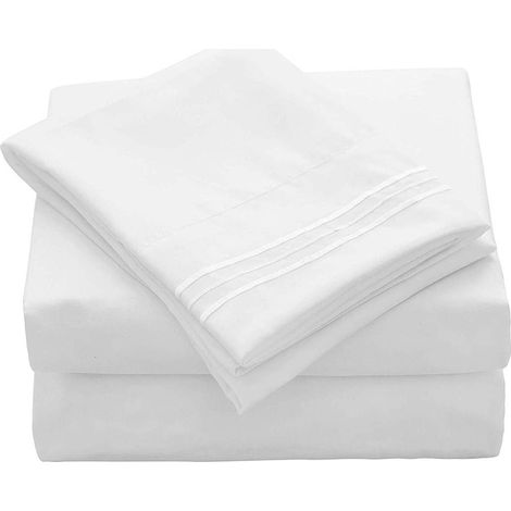 Parure de lit 4 pièces - Drap Plat en Microfibre brossée - Hypoallergénique - Taie d'oreiller avec Poches Profondes et Housse de Couette (Blanc, 99 x 190 cm) (1/5)