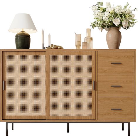 Buffet avec 2 portes coulissantes et 3 tiroirs avec étagères réglables – Buffet style campagne pour salon et salle à manger, dimensions : L140 × H91 × P37 cm (1/5)